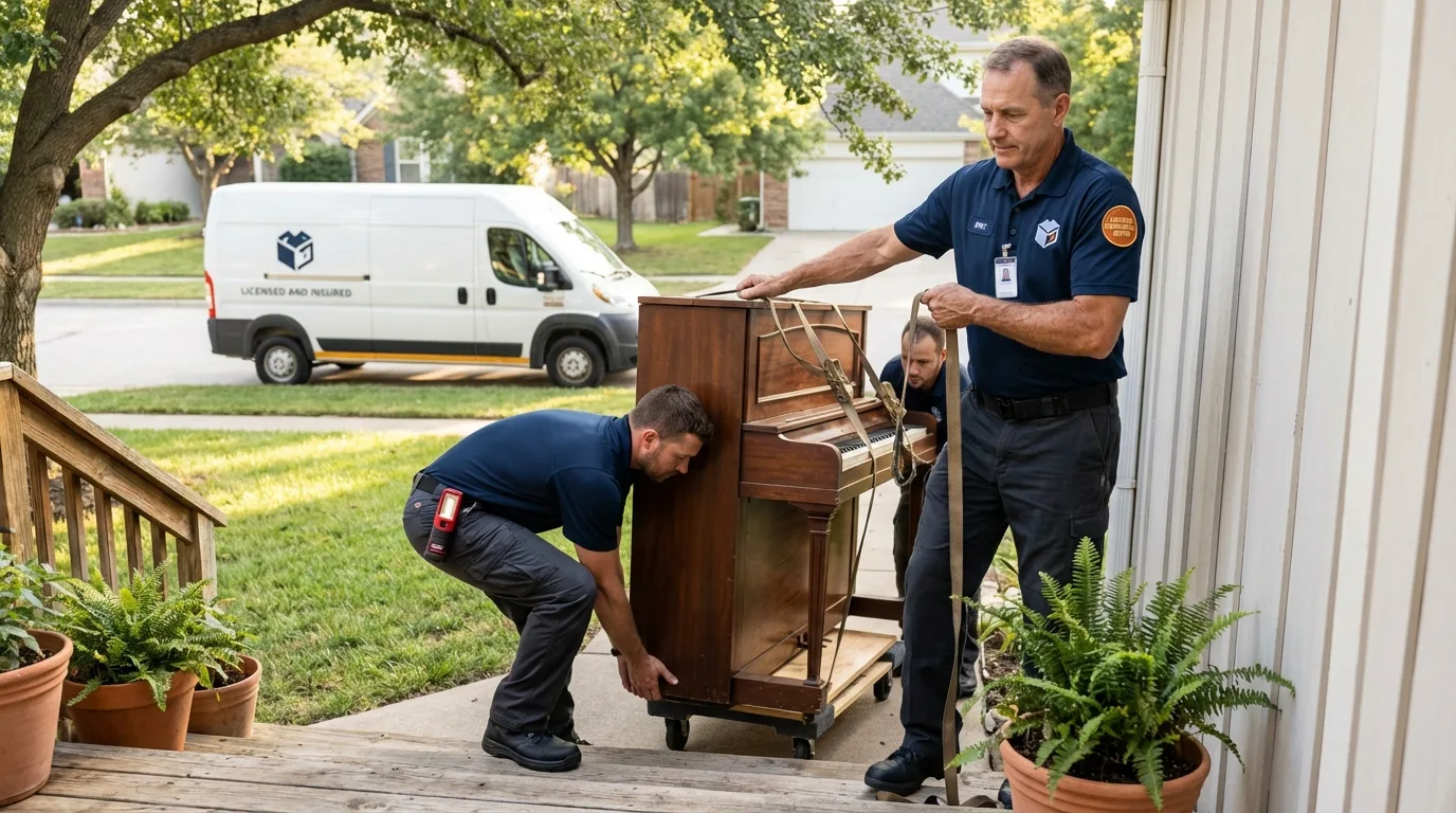 Licensed piano movers securing grand piano in Mount Laurel, NJ