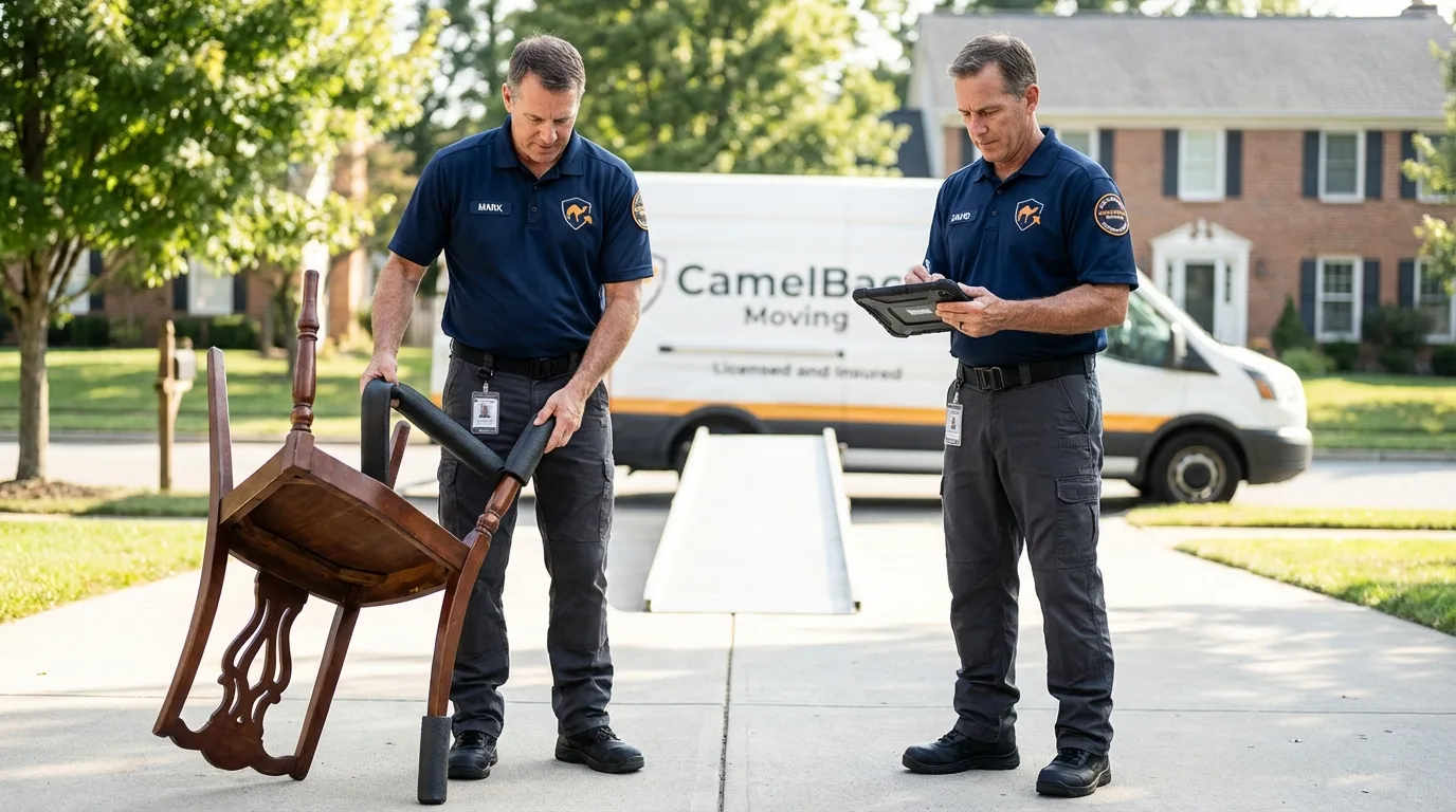 Movers inspecting furniture for damage prevention before loading in Mount Laurel, NJ