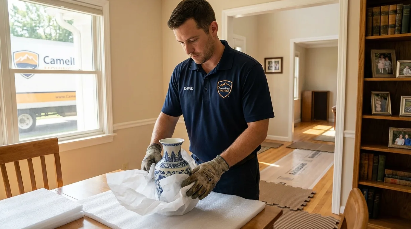 Professional crew carefully wrapping antique vase for senior downsizing move in Mount Laurel, NJ